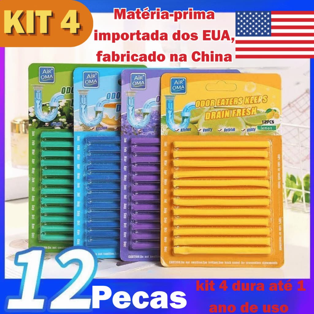 Bastão Limpa Ralo Kit 48un 1 Ano Elimina Odor Gordura Bactérias 4 Aromas Resistente Importado EUA