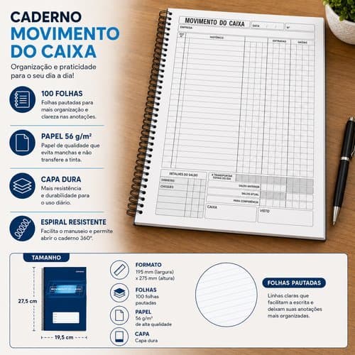 Livro Movimento Caixa 100 Folhas Capa Azul Resistente Controle Financeiro Organizado