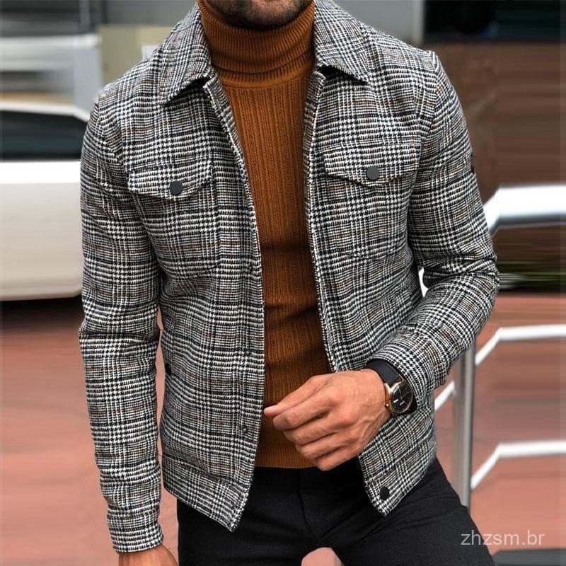 Jaqueta masculina de moda, jaqueta xadrez fina para primavera e outono, roupa masculina, gola única, casaco casual.