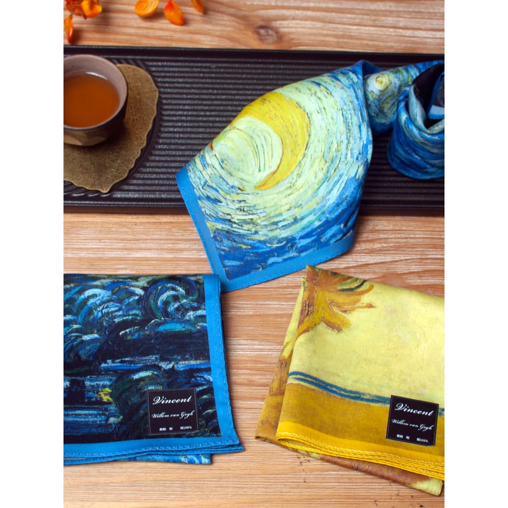 [Kupa Van Gogh] Lenço derivado de arte de girassol de céu estrelado de cetim de 48 cm Lenço quadrado de algodão puro Len