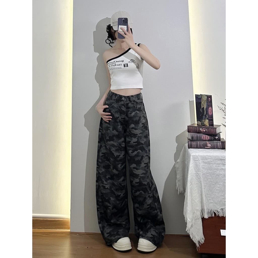 Tamanho grande americano Retro camuflagem Jeans feminino primavera novo estilo gordura mm cintura alta mais magro olhar