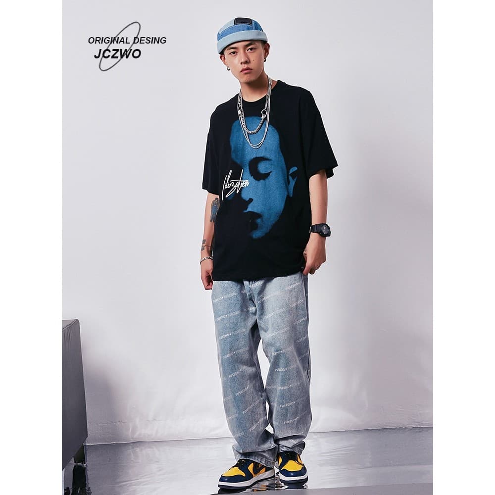 American street Wear puro algodão impresso camiseta de manga curta masculina verão high street Puffer bonito solto topo