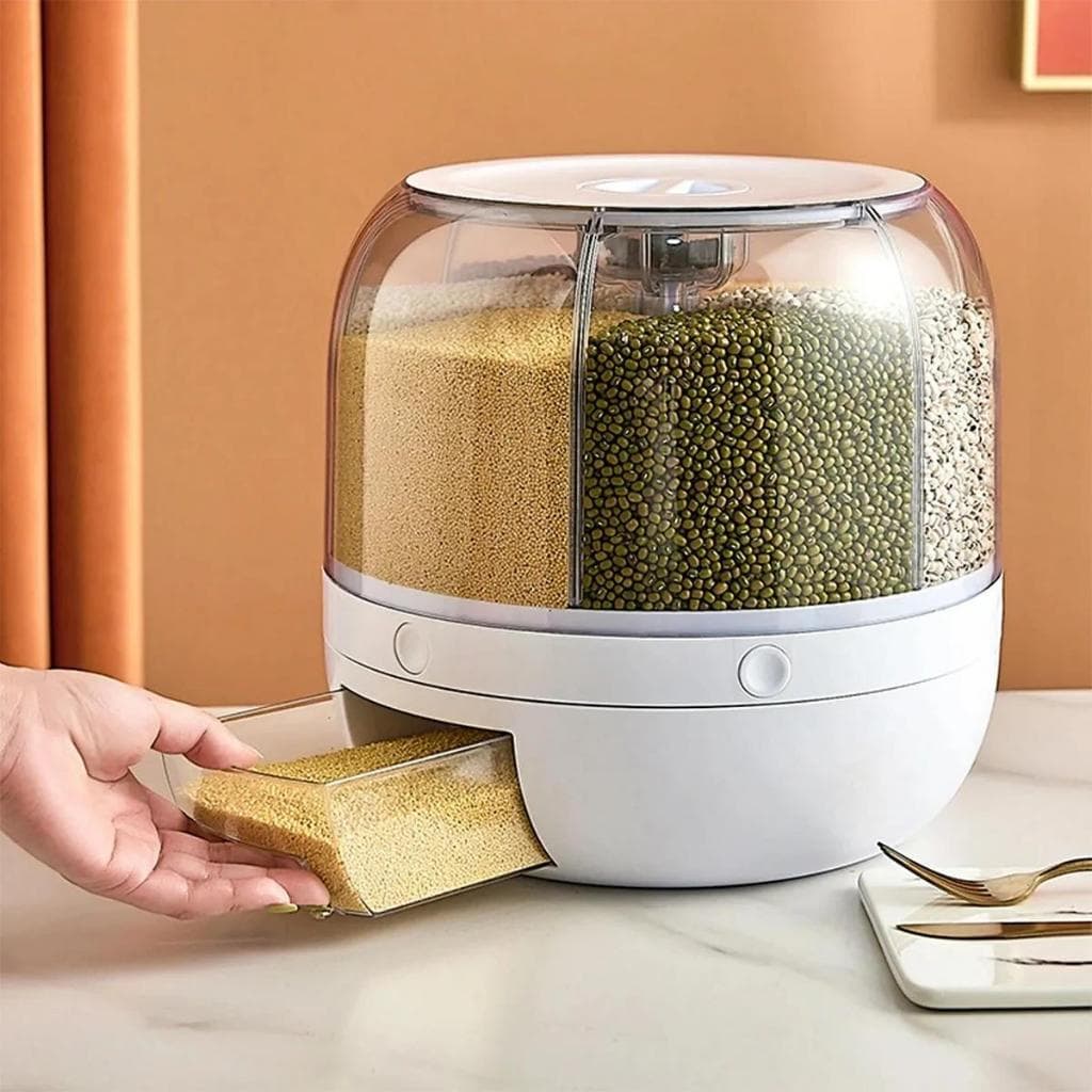 Dispensador Giratório 360° 6 Divisões Capacidade 12kg  Pote Armazenamento Arroz Feijão Cereais à Prova de Umidade rbgdpw
