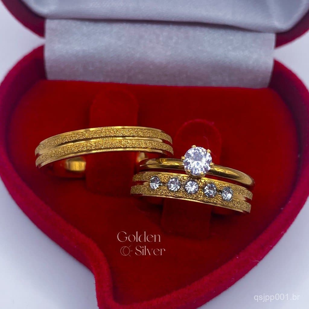 Par de Aliança de Namoro Casamento Dourada Diamantada Canal com linha fina 4mm