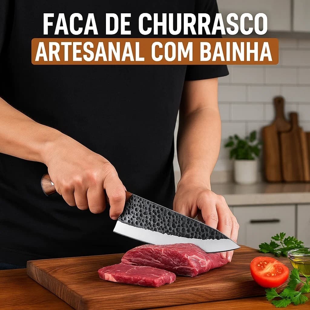 Faca Artesanal Afiada Churrasco Cozinha Lâmina Canivete Bainha Corta Carne Garfo Talheres Inox Corte