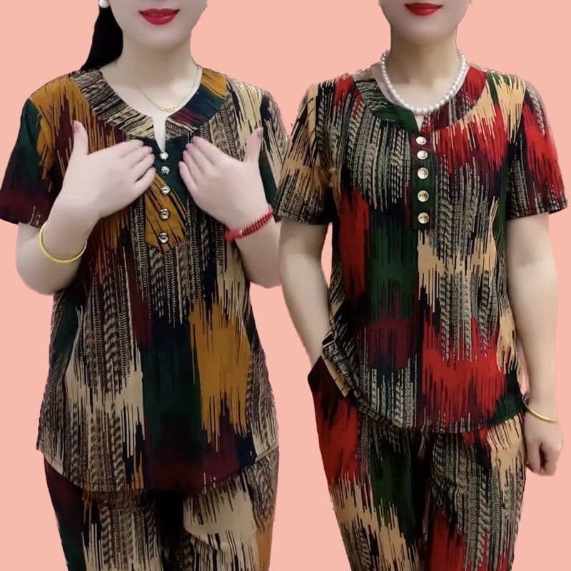 Conjunto de manga curta de seda gelada para idosos de meia-idade, dois conjuntos de 5060 anos, mãe solta, moda Plus Size