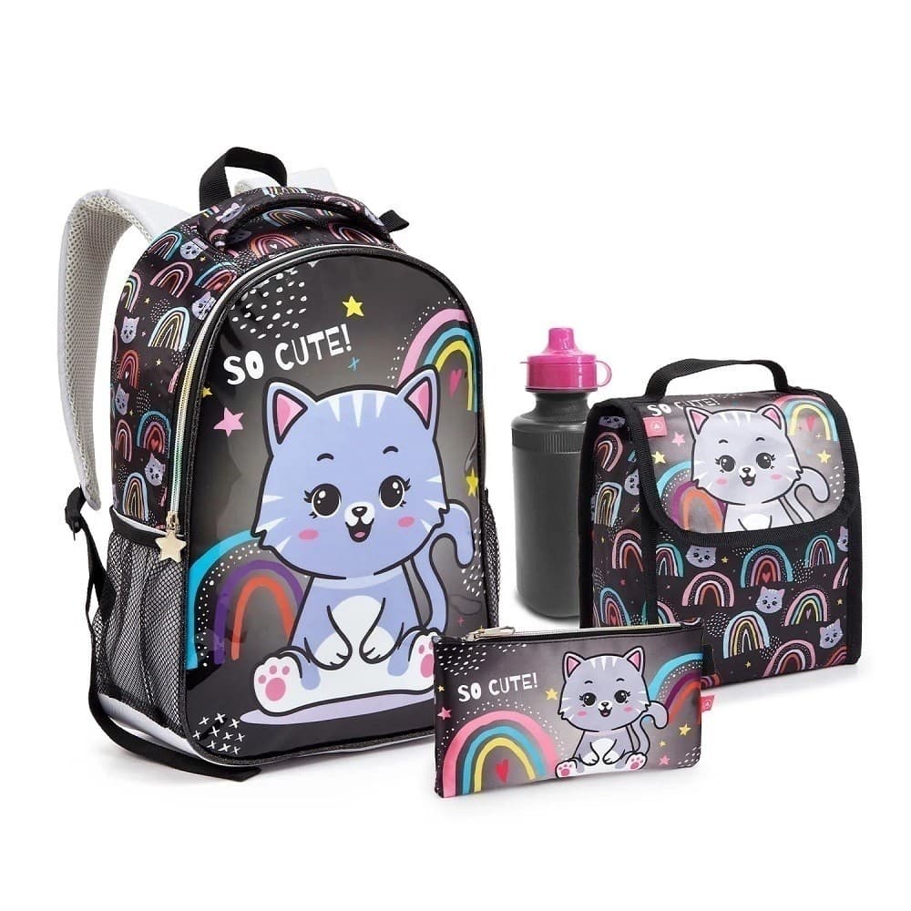Kit Escolar 5 Pçs Gato Arco-iris Preta - Seanite