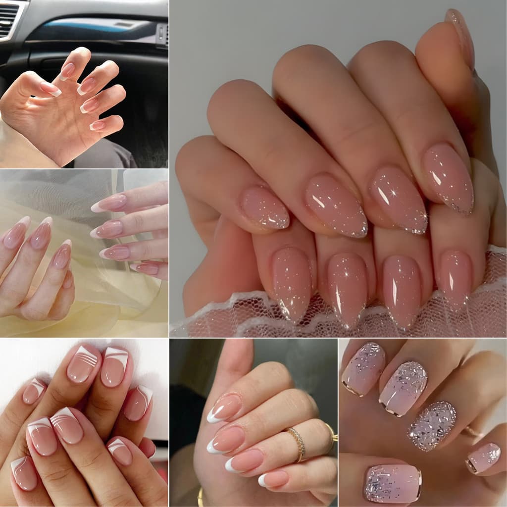 Conjunto De Unhas Falsas Estilo Francês , 24 Peças , Longas , Com Cola Gelatinosa