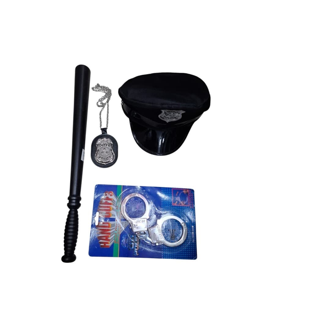 Kit Acessório de Fantasia Policial  Cassetete + Distintivo + Algema Metal +chapéu / boné pra carnaval e halloween