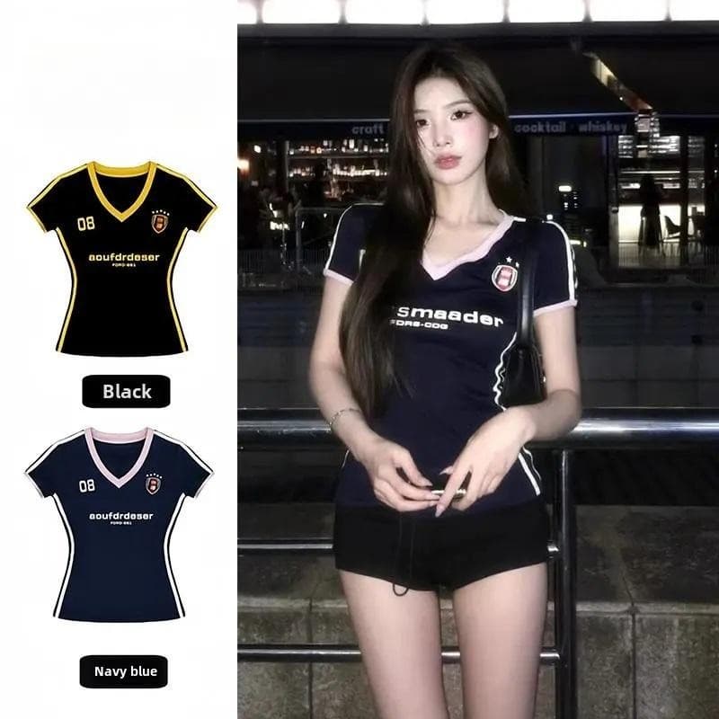 Sl Camiseta Curta Com Decote Em V retro Contraste Cor Impressão Manga Esportes Femininos all-match Topos Feminino Tendên