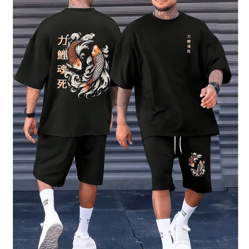 Conjunto Streetwear Koi Carpas Japonesa Camiseta Kit Camisa 100% Algodão + Short Mauricinho Tactel