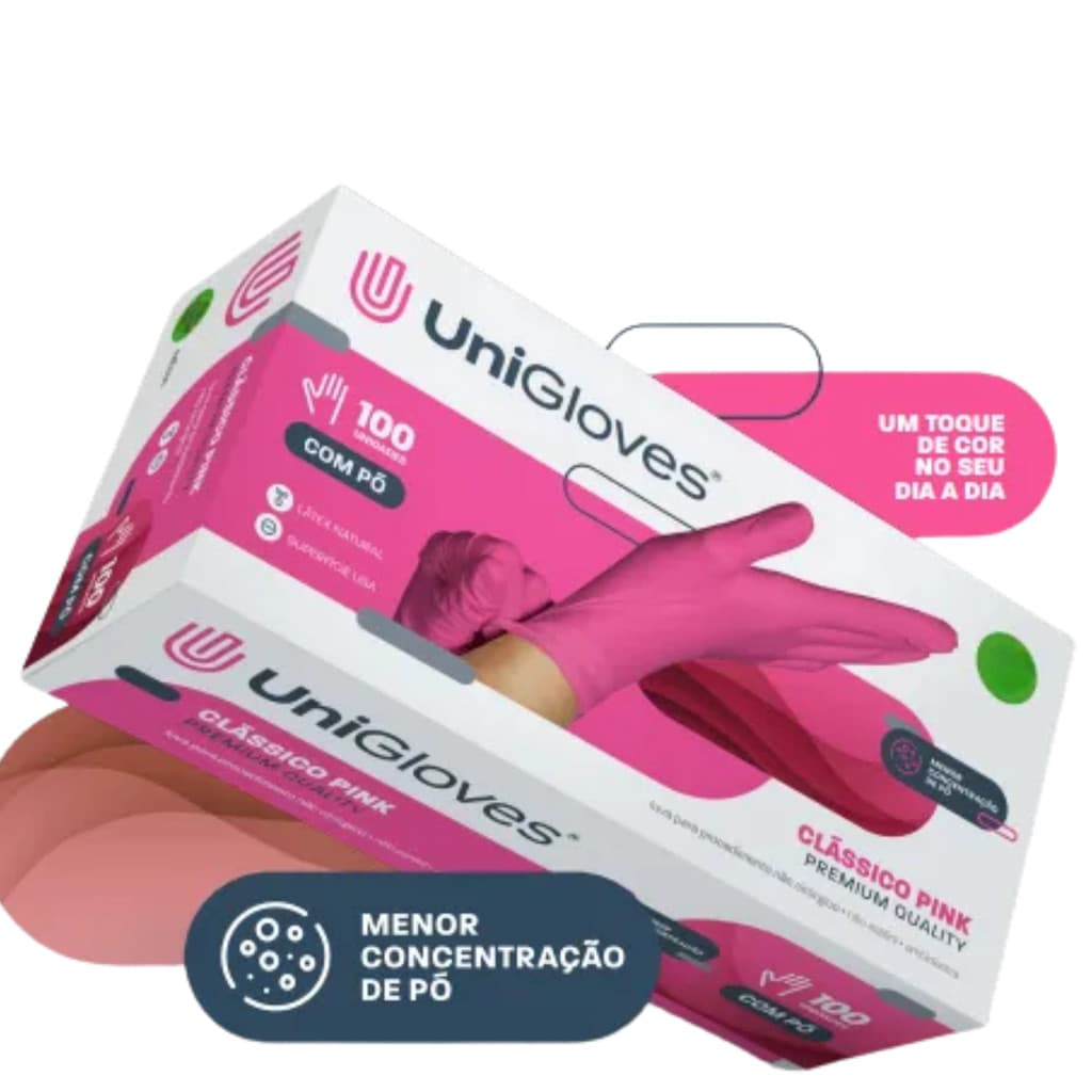 Luva Procedimento Látex com Pó Unigloves Pink 100un - Rosa Alta Elasticidade para Manicure Podologia Estética Tatuagem