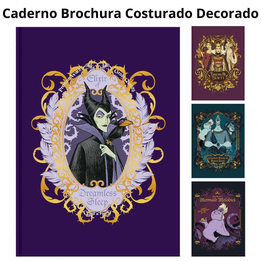 Caderno Colegial Costurado Capa Dura Vilões Disney 160 folhas