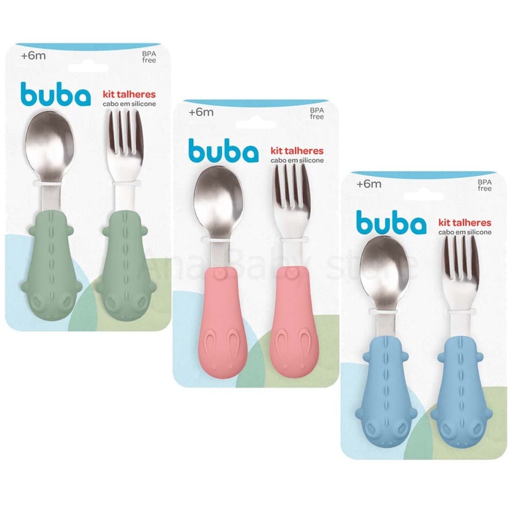 Kit Talheres Aço Cabo Silicone Infantil Colher e Garfo Buba