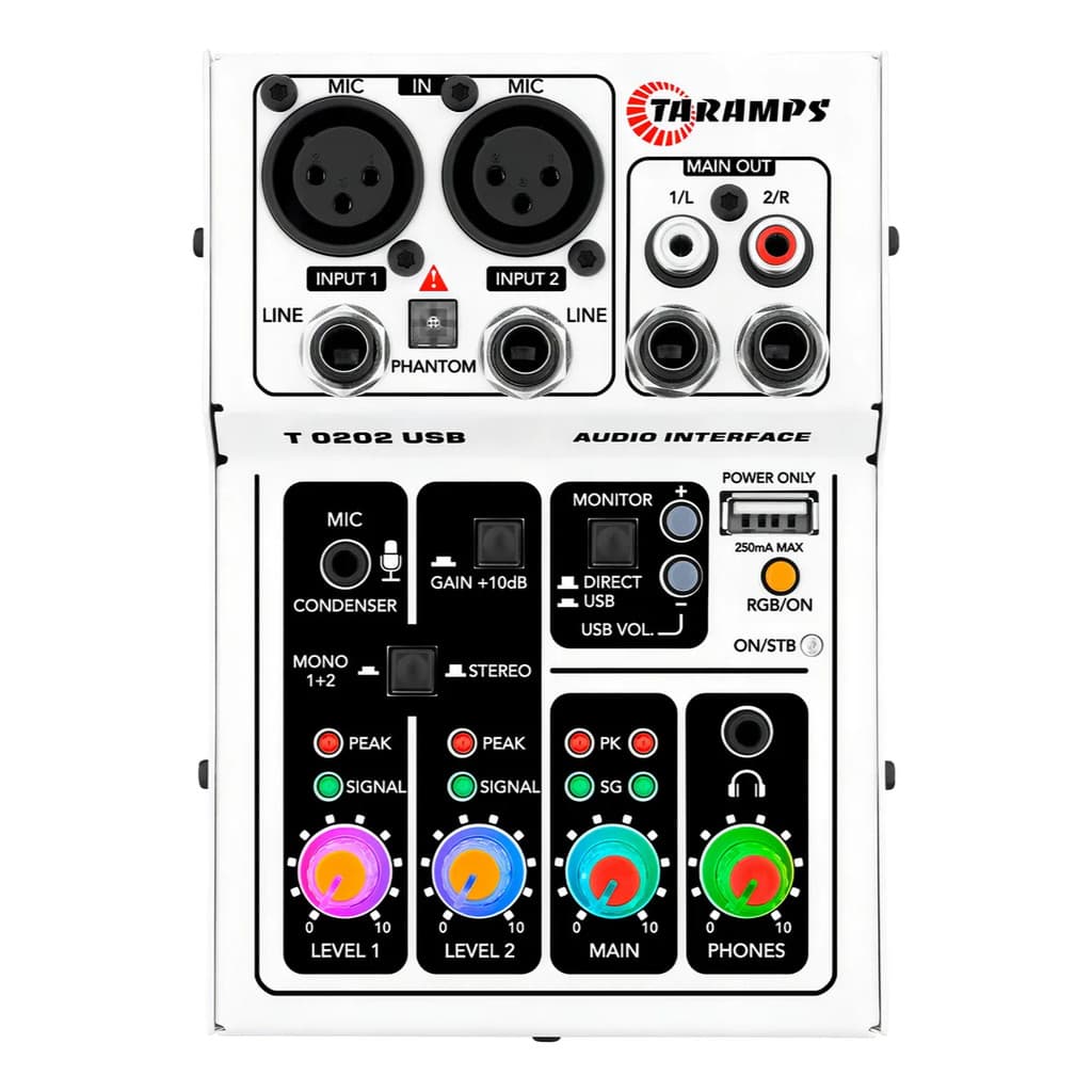 Mesa Som Taramps T0202 Usb Áudio Interface Led Rgb 2 Canais
