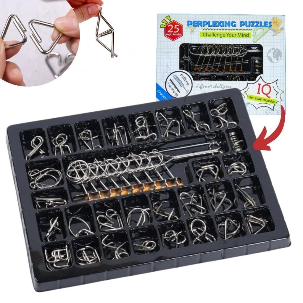 Quebra-cabeça de metal 3D com 25 peças - Quebra-cabeça de aço com anel - Desafio inteligente