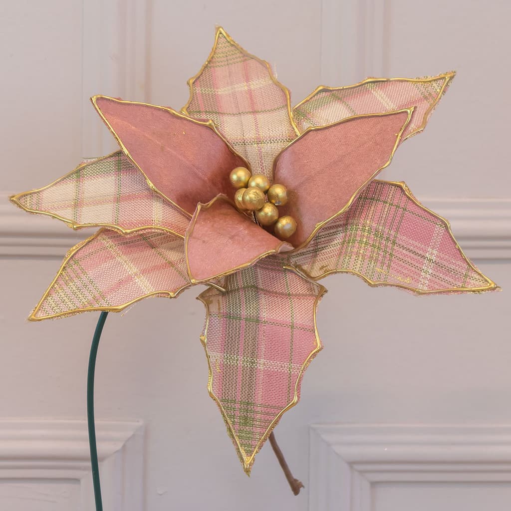 Flor Poinsétia Decorativa de Natal Xadrez Rosa e Verde – 27cm (Florarte)