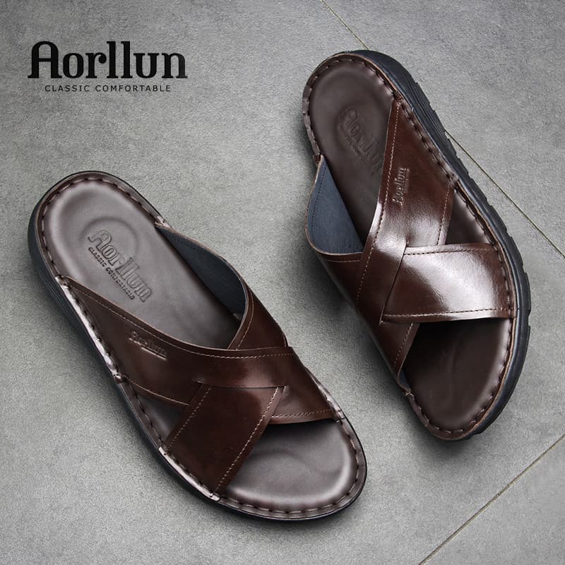 Chinelos de couro genuíno masculino completo exterior usar chinelos de couro de verão sola macia confortável leve primei