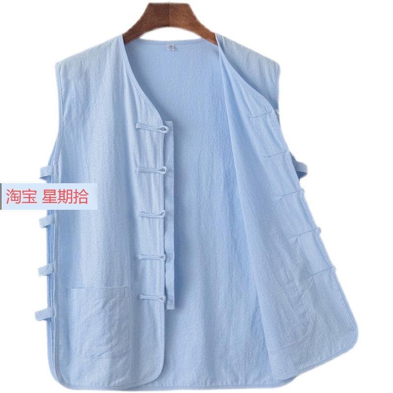 Verão de meia-idade idosos estilo fino coberto antigo Tang terno algodão linho colete masculino estilo chinês sem mangas