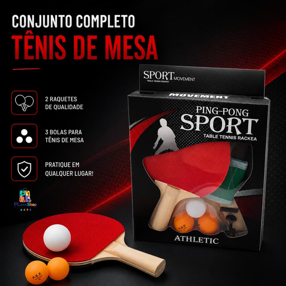 Kit Ping Pong Tênis De Mesa - 2 Raquetes + 3 Bolas + 1 Rede Cor Vermelho/ Preto