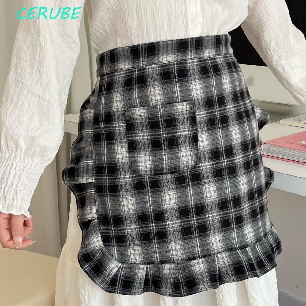 Avental Estilo Coreano CERUBE , Ajustável Com Bolso Floral Xadrez Meio , Macio Para Assar Café De Cozinha