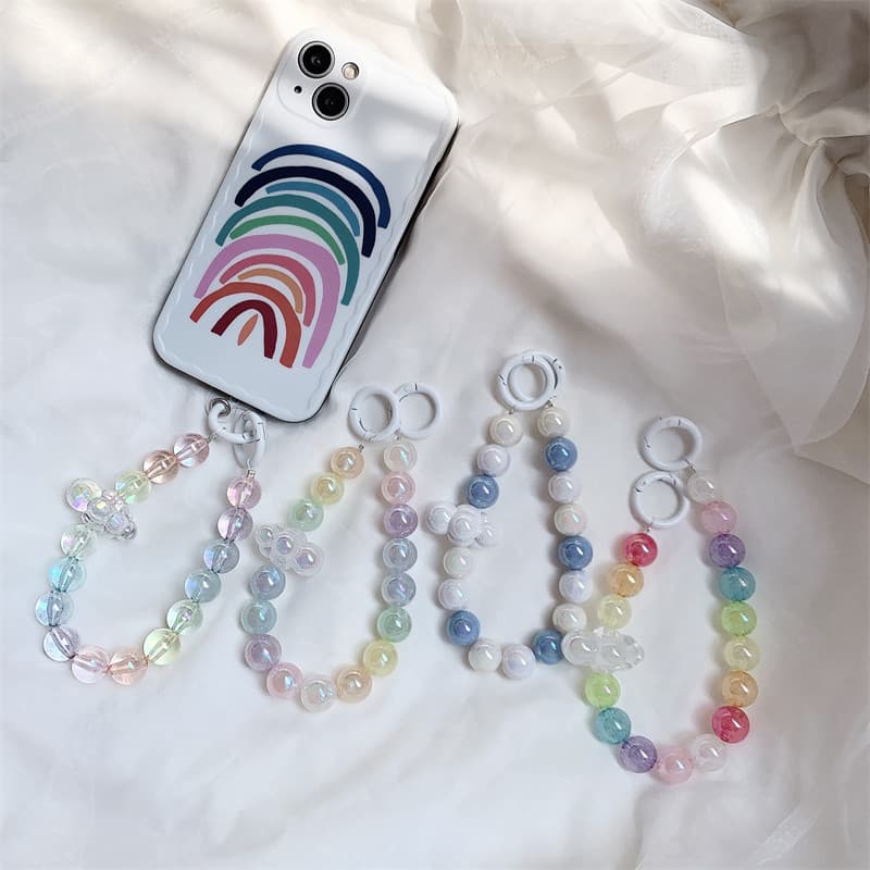 Cordão para celular corrente de pulso contas redondas coloridas pingente de gelatina transparente com contas à mão ins i