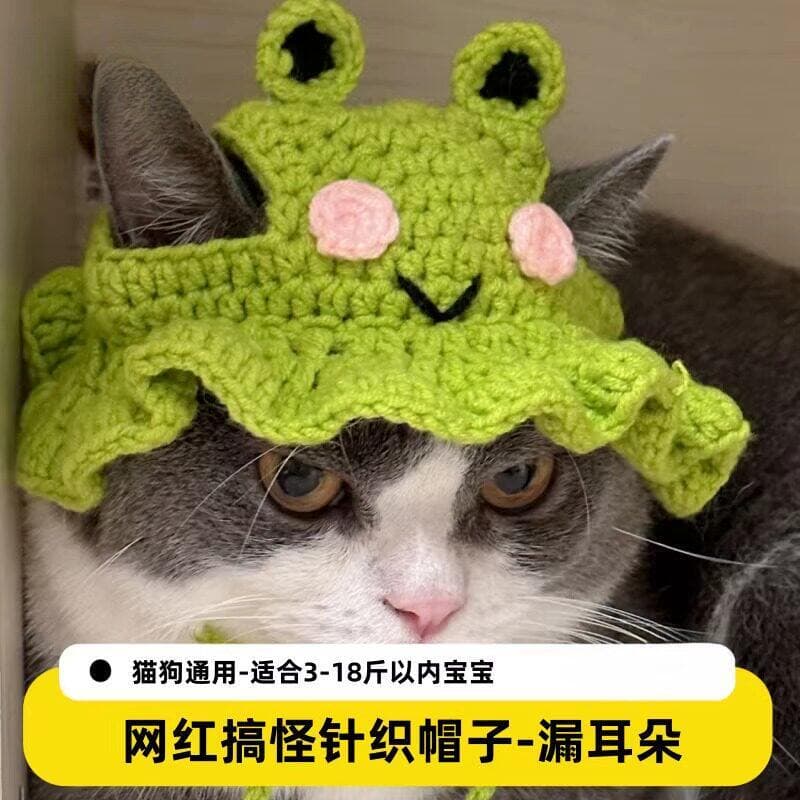 Chapéu para animais de estimação, chapéu para cachorro, joia para gato, sapo fofo, feito à mão, decoração de lã de croch