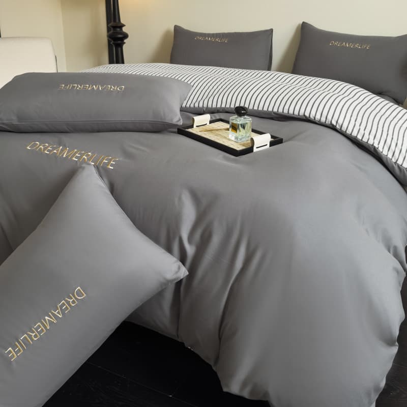 Conjunto de quatro peças de algodão lavado estilo luxuoso leve, capa de edredom bordada, cor sólida, estilo lençol, cama