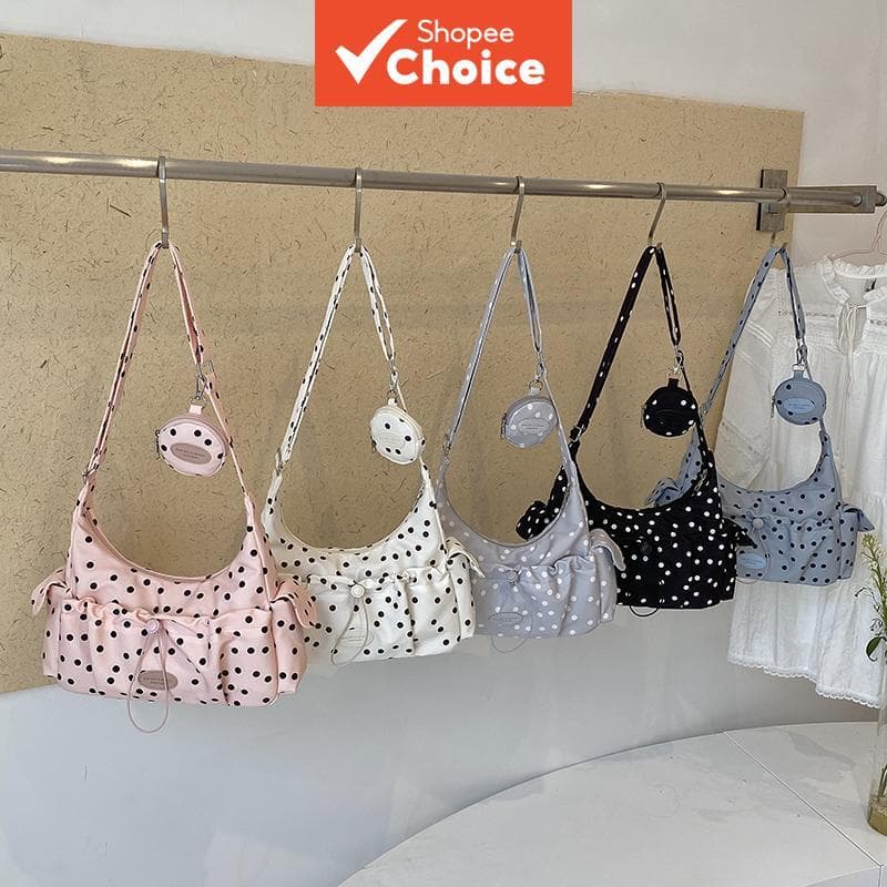 Bolsa tiracolo com estampa de bolinhas para mulheres, bolsa hobo de nylon com mini porta-moedas