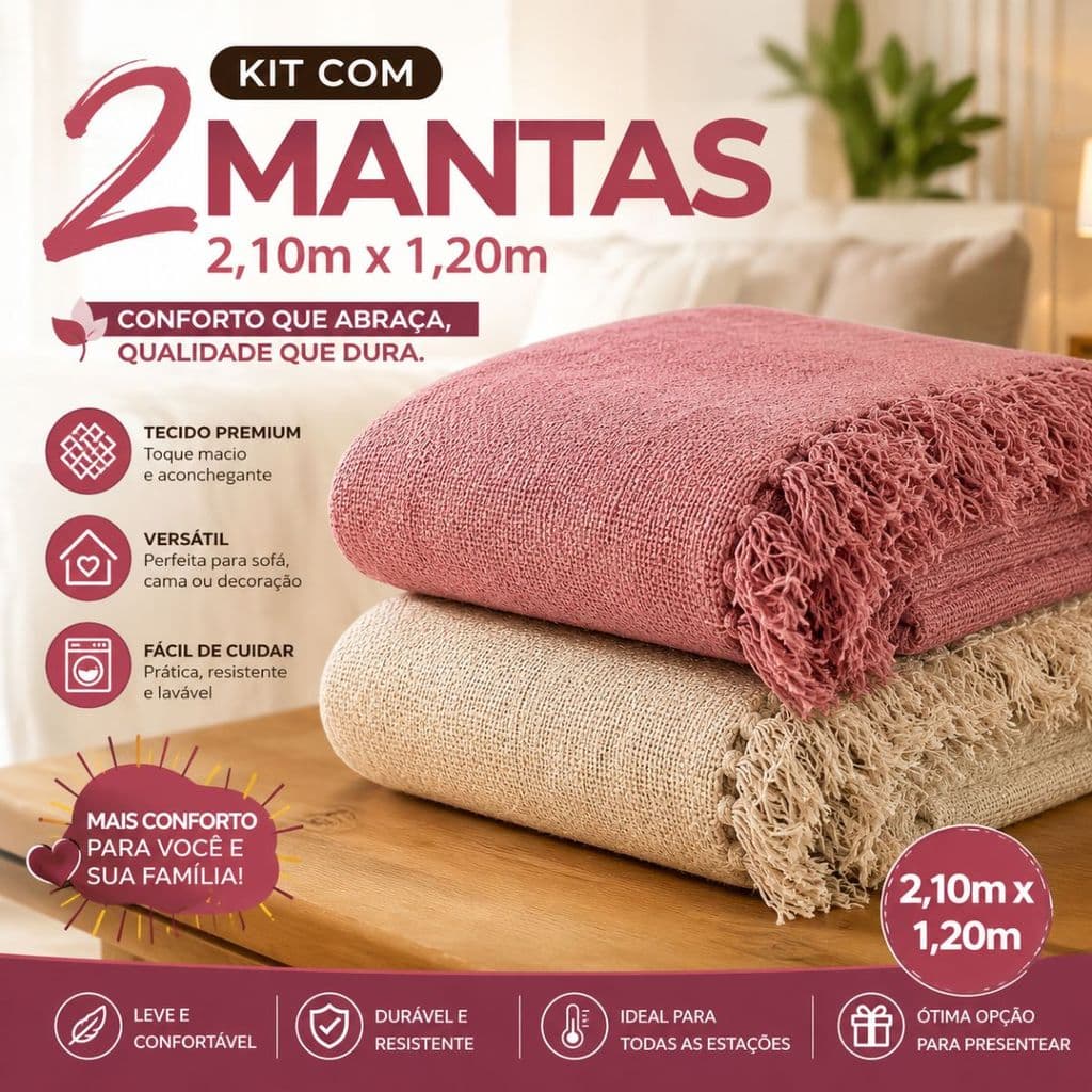 2 Mantas Decorativa Premium para Sofá 2,10 x 1,20 – Design Moderno, Aconchegante, Acabamento Refinado e Toque Macio