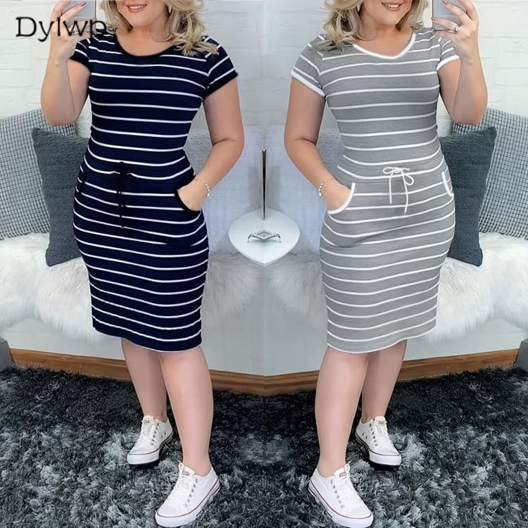 Vestido Feminino Listrado De Manga Curta Casual Com Gola Redonda E Bolso