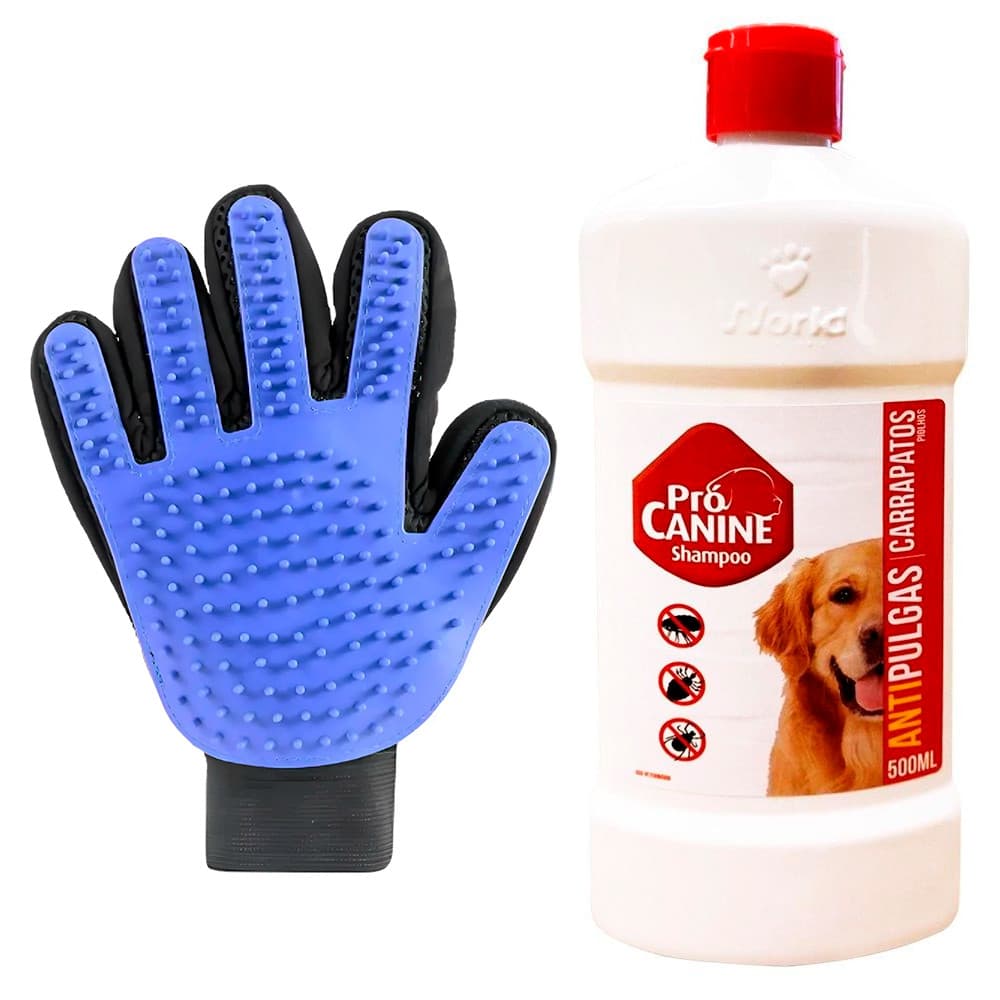 Kit Luva Massageadora Bom Amigo + Shampoo Antipulgas ProCanine