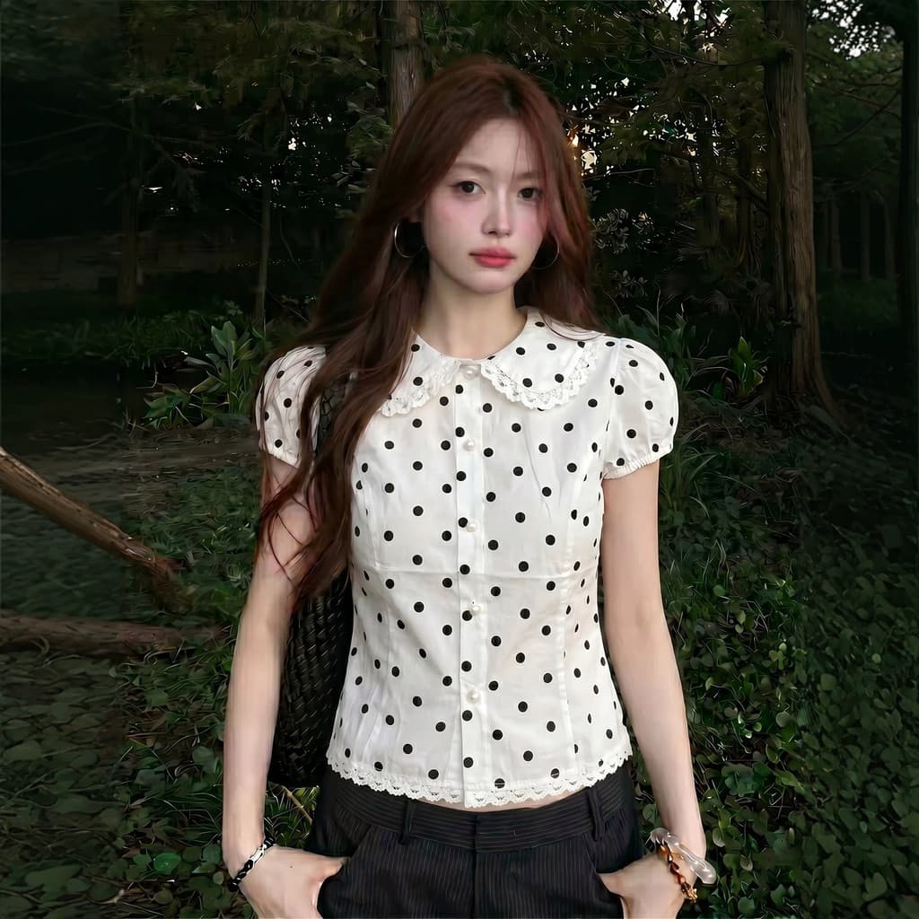 Polka Dot Doll Collar Genuíno Ombro Manga Curta Camisa Estilo Feminino