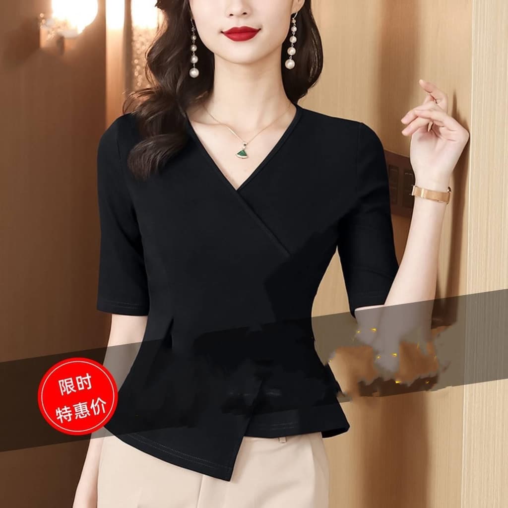 Camiseta pequena com redução de idade e aparência mais fina, elegante, curta, cintura estreita, elegante, decote em V, f
