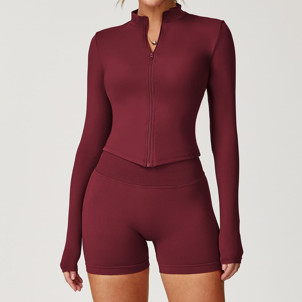Jaqueta de Fitness Nude de secagem rápida da Mao, gola alta, zíper, bainha em forma de V, corrida, esportes, manga compr
