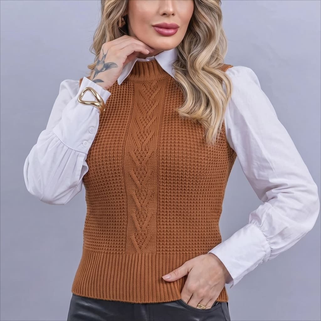 Colete Feminino Tricot Trançado Pullover Moda Inverno Elegante Blogueira Luxo