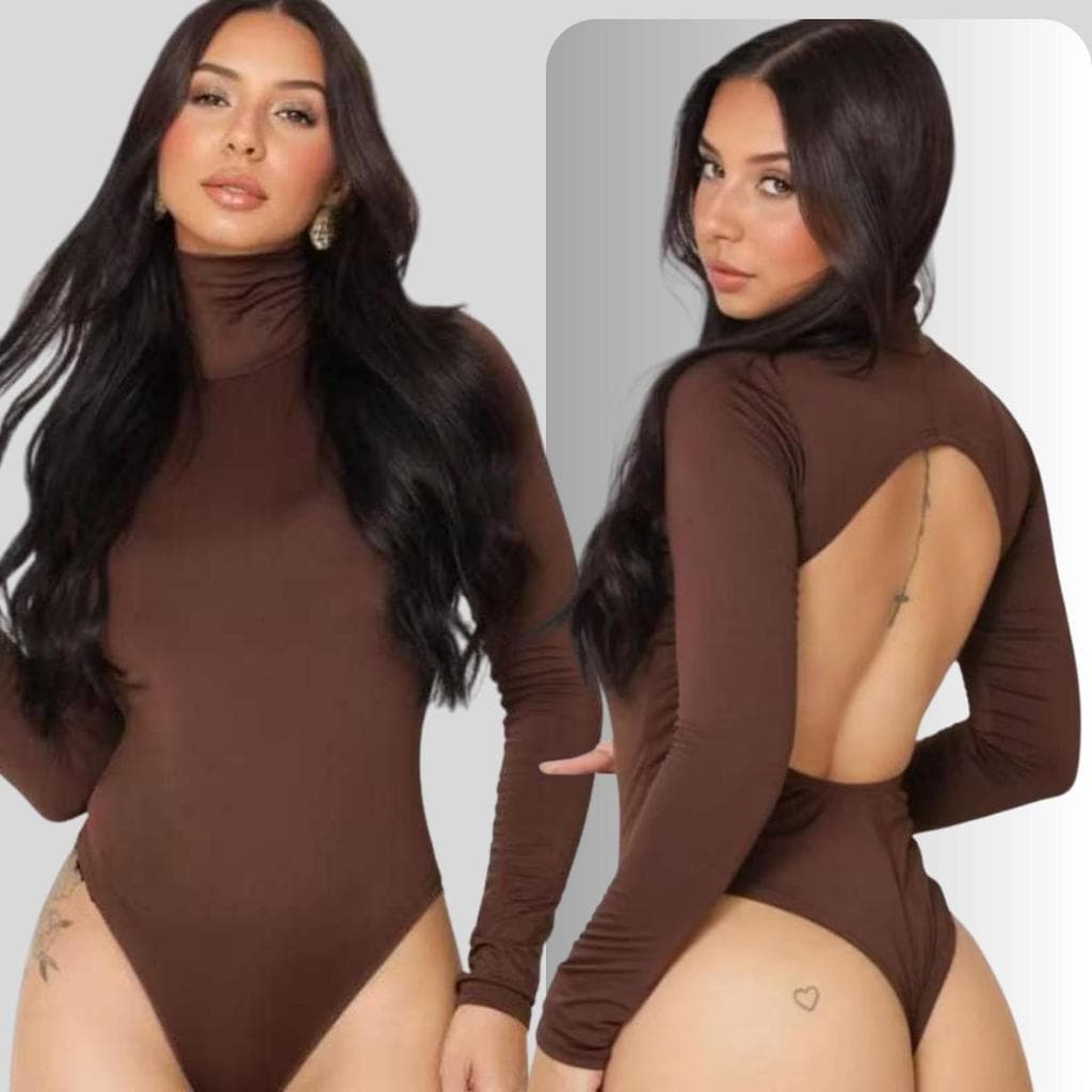 Body Manga Longa Gola Alta e Costas Nua Decote na  Costas