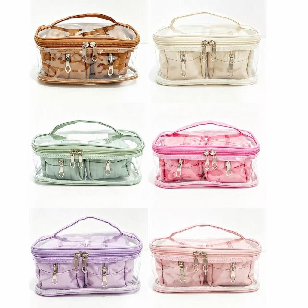 Kit Bolsa Transparente 2 Necessaires Retangulares Separadas Organizadora Impermeável Viagem Maquiagem Higiene Pessoal