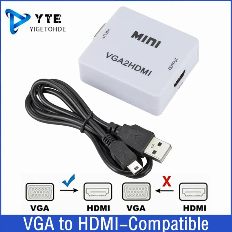 Mini Conversor de Vídeo VGA para HDMI com Cabo de Alimentação USB, Adaptador VGA2HDMI para PC, Laptop, TV HD e Projetor