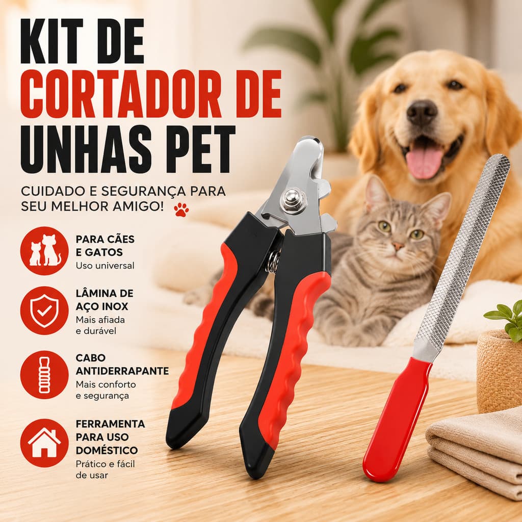 Kit Alicate Cortador de Unha Pet Grande Porte para Cães e Gatos com Lixa Aço Inox Trava de Segurança Ergonômico