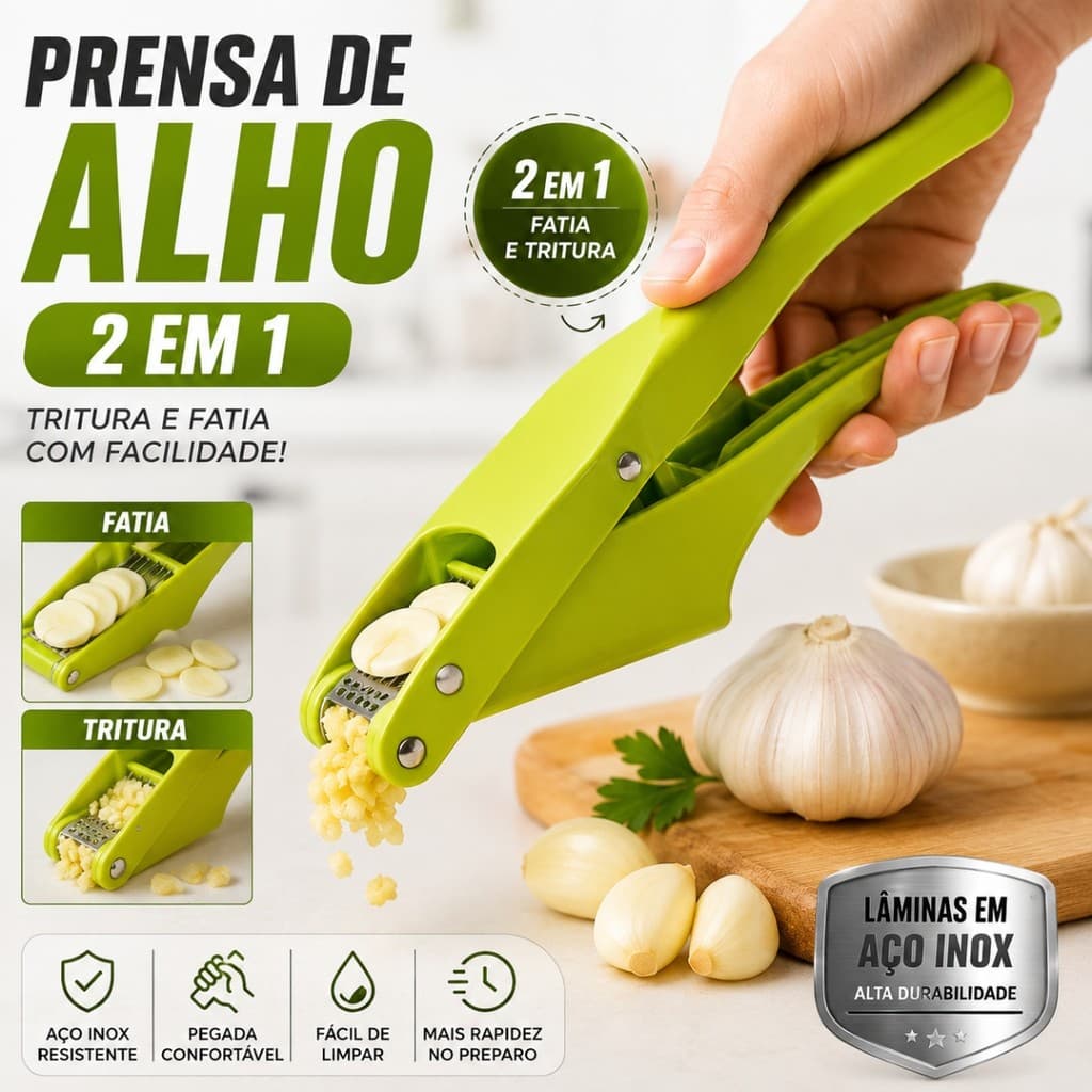 Prensa Espremedor de Alho Multifuncional 2 em 1 – Tritura e Fatia com Praticidade