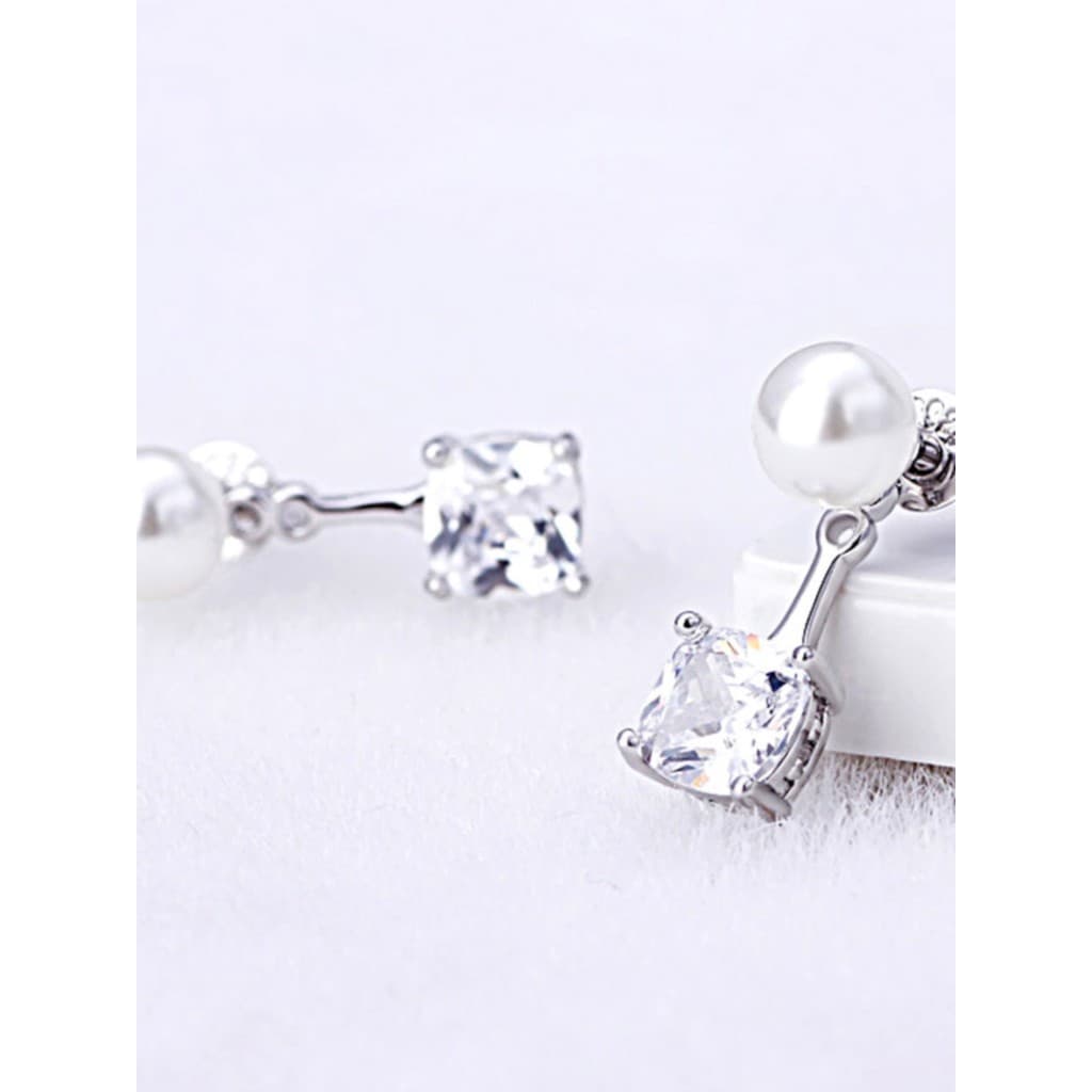 Moda S925 prata elegante quadrado diamante zircão brincos doce simples pérola brincos de volta pendurado brincos hipoale