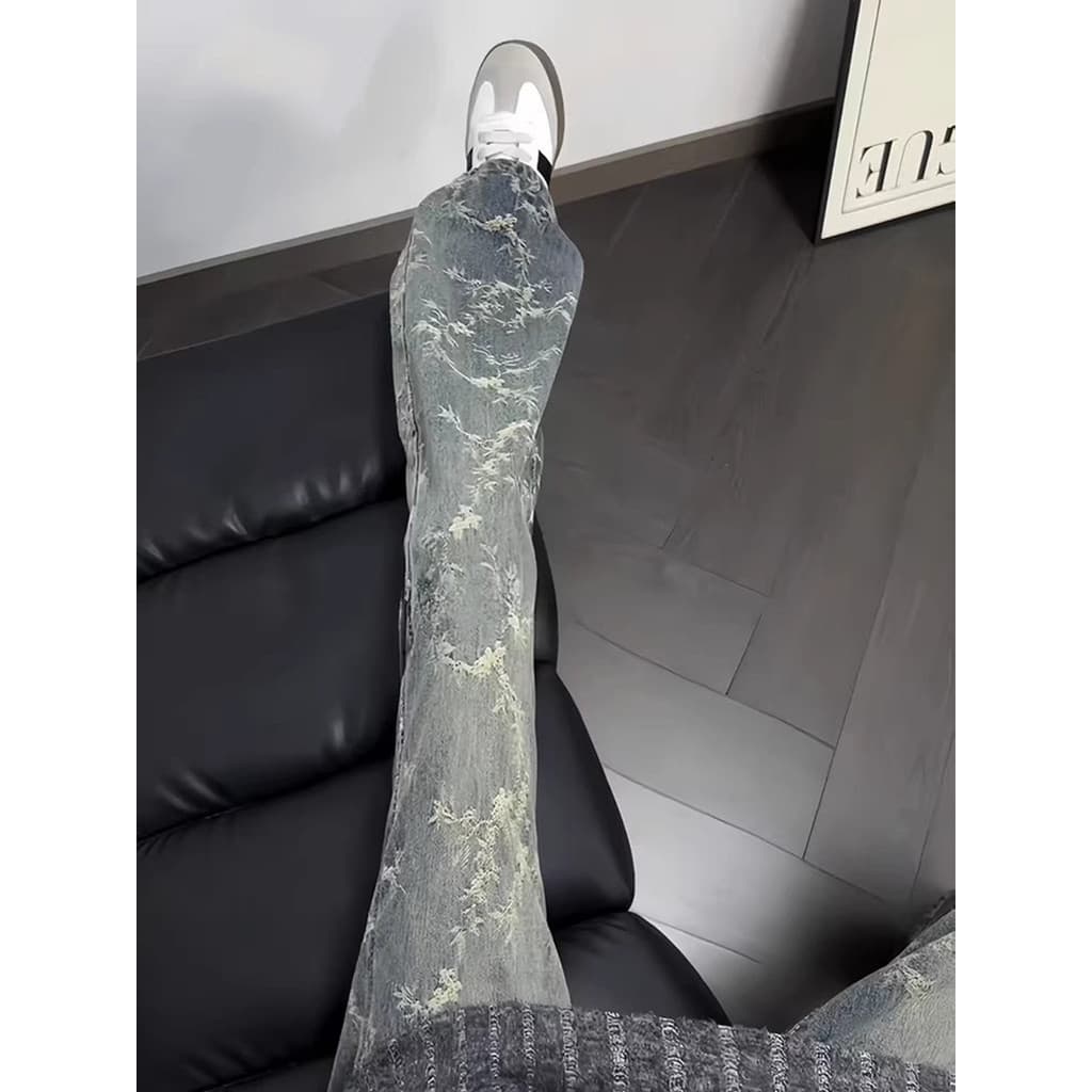 Azul claro espinho Jacquard Jeans masculino primavera americano High Street vibe calças lavadas ligeiramente aba pernas