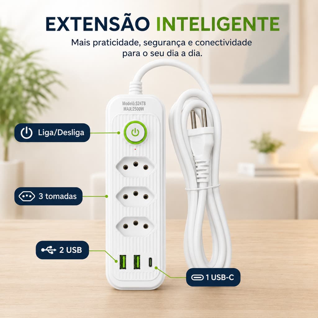 Extensão Elétrica Filtro de Linha 4 Tomadas 2500W com USB e Tipo C Botão Liga/Desliga Proteção Contra Sobrecarga
