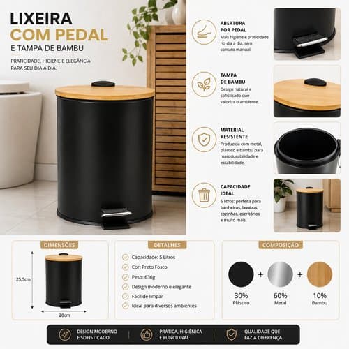 Lixeira Com Pedal E Tampa De Bambu Capacidade 5 Litros Resistente Preta