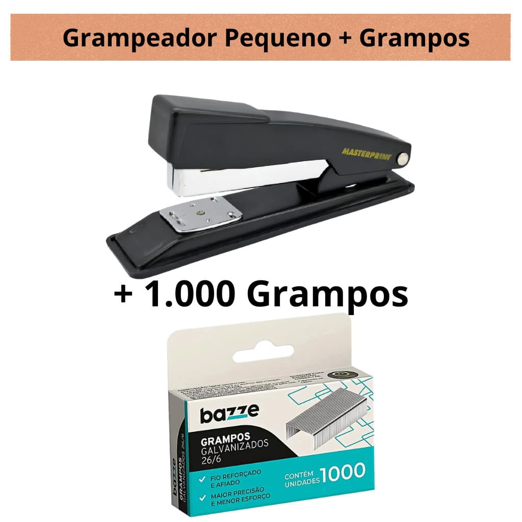 Grampeador Pequeno + Grampos 26/6 Resistente  Escritório Escolar Até 25 Folhas Grampo 26/6 Anatômico Premium