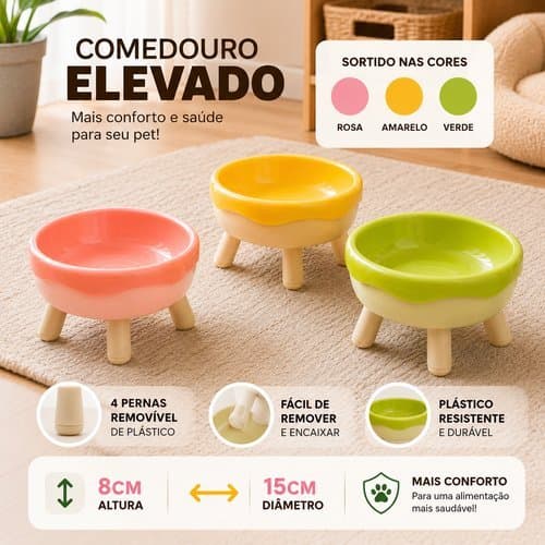 Tigela Elevada Alta Base Estavel Patas Removiveis Design Ergonômico Variadas Cores Pet