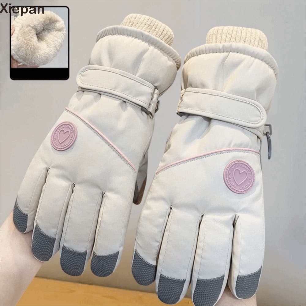 Luvas femininas de pelúcia, impermeáveis para esqui e surf, com função de tela sensível ao toque, quentes para o inverno