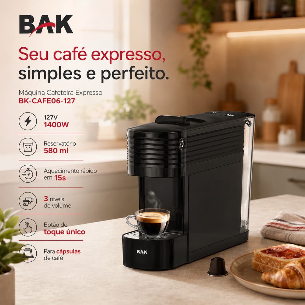 Máquina de Café Expresso 127V 1400W para Cápsulas Com Reservatório De Água 580ml Preto