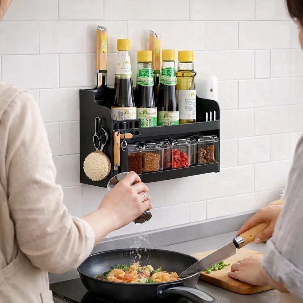 Organizador Parede Cozinha Suporte Temperos Utensílios Porta Condimentos Prateleira Ganchos